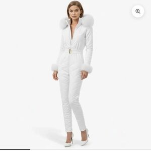 Sky White Quilted Jumpsuit with Fur-Trim Cuffs and Belt - snowsuit, ski suit